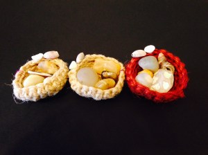 Six Haida Gwaii Agate Nests with Stones, shells, and crochet hemp twine by Karin Groth $20/ea