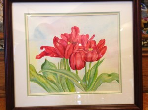 Wind Blown Tulips by Joan Marr Framed Original Watercolor Painting (16 x 15) $200